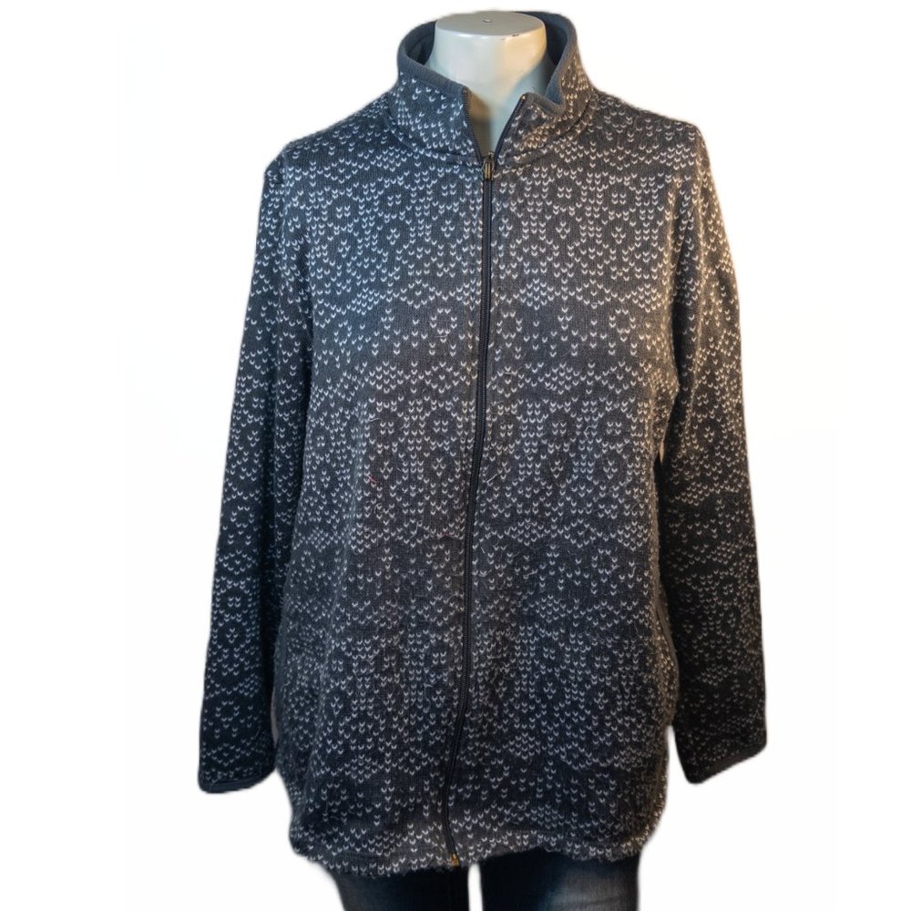 Stan Herman Size Large Cardigan Sweater Grey White Print Mockneck Long Sleeve
